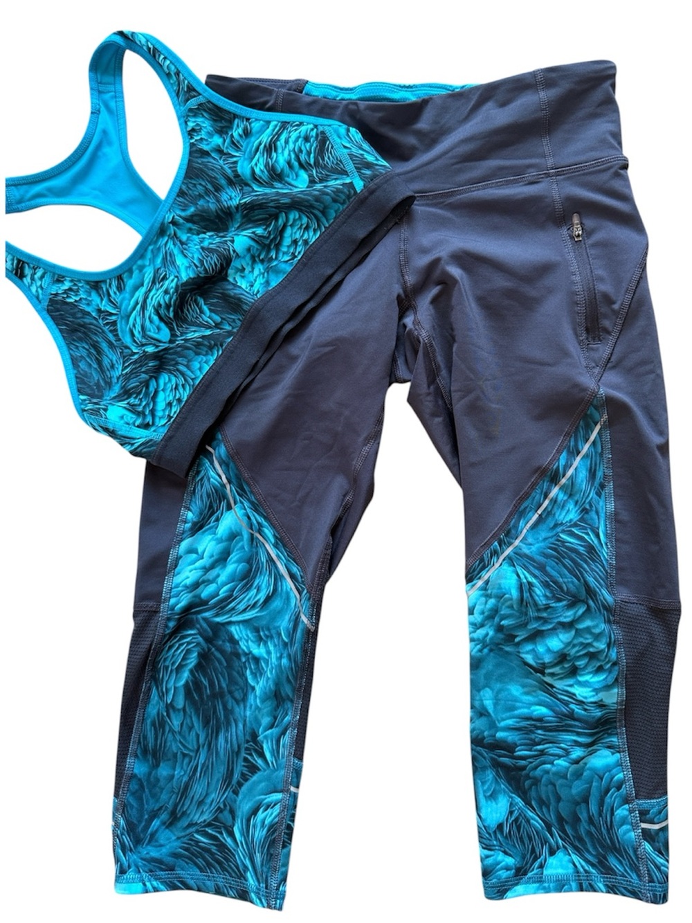 CHAMPION C9 WOMENS TEAL GRAY FLORAL DESIGN CAPRI & SPORTS BRA ZIP POCKET MEDIUM